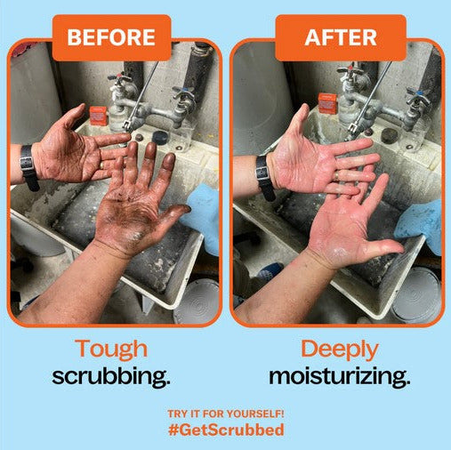 CleanO2 Restoration Scrub Hand Bar before-and-after comparison showing tough scrubbing and moisturized clean hands