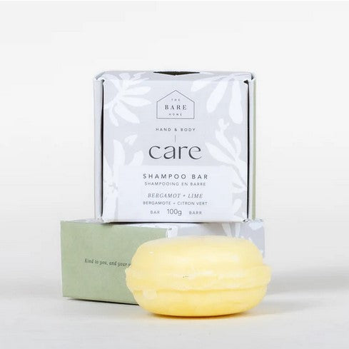 Bergamot Lime Shampoo Bar by The Bare Home featuring a natural, textured soap with vibrant green and yellow hues, measuring