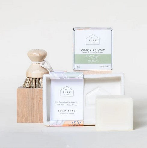 Simply Natural Canada kitchen soap tray set with wooden base, ceramic dish, and stainless steel holder for kitchen