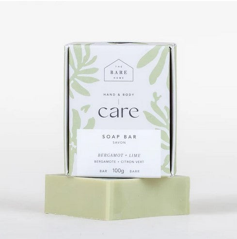 The Bare Home Bergamot Lime hand and body soap bar, 4 oz, with bergamot and lime scent, in recyclable packaging