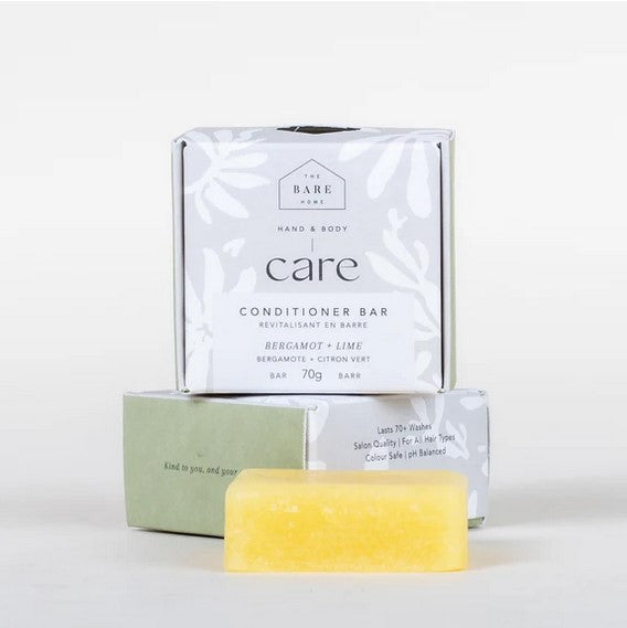Bergamot Lime Conditioner Bar by The Bare Home, Canadian-made hair care bar with citrus scent, compact size, and textured