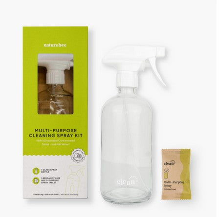 Nature Bee Bergamot Lime cleaning spray kit with biodegradable tablets, multi-surface spray bottle, and natural citrus scent