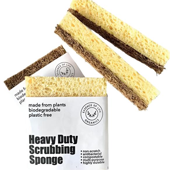Biodegradable heavy-duty scrubbing sponge with textured cellulose surface, green color, branded by Essence of Life Organics