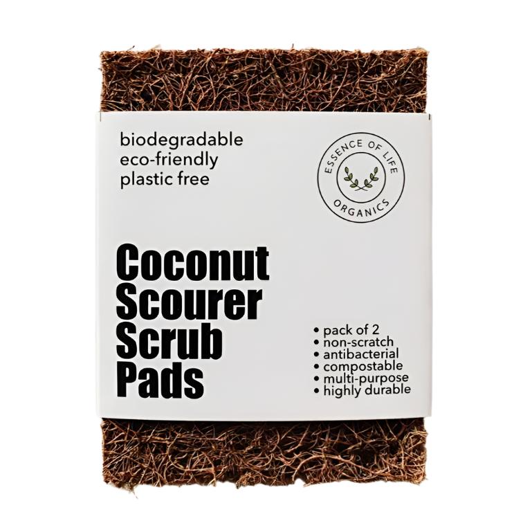 Essence of Life Organics coconut scourer scrub pads, 100% plant-based and compostable, in natural fiber, pack of 2 for