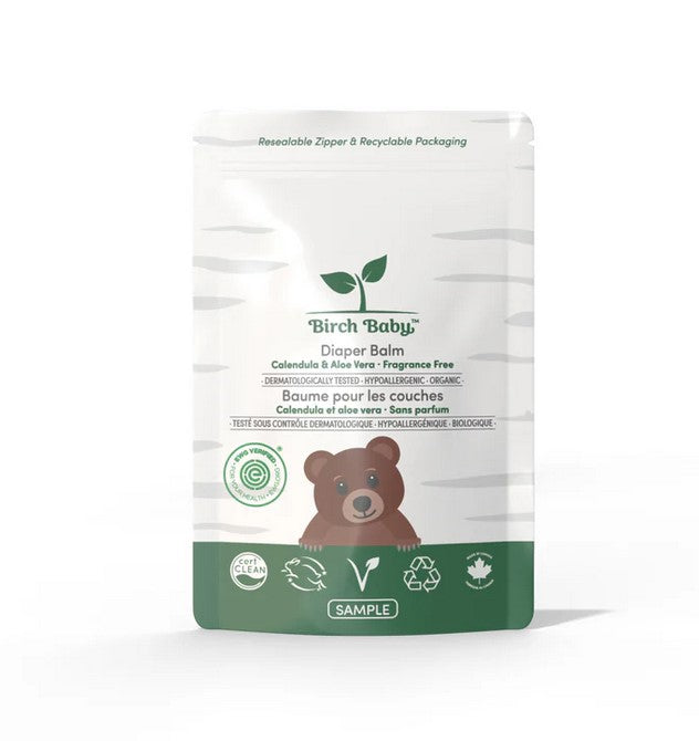 Close-up of the Birch Baby Skincare Travel Bundle’s softly textured label and soothing scent notes on the small sample bottle