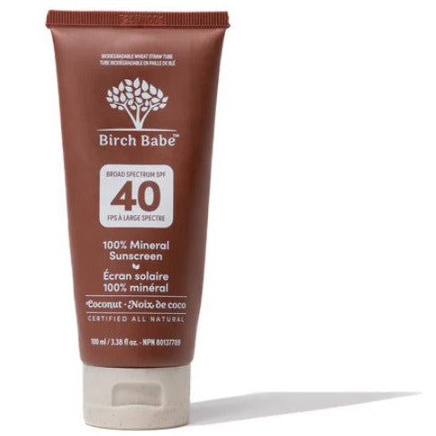 Birch Babe Coconut Mineral Sunscreen SPF 40 in compostable wheat-straw tube – Canadian-made natural 100% mineral sunscreen.