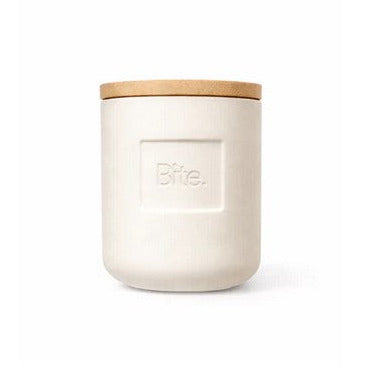 Bite Outdoor Candle Canadian made soy wax candle with lemon eucalyptus scent in reusable ceramic vessel with bamboo lid