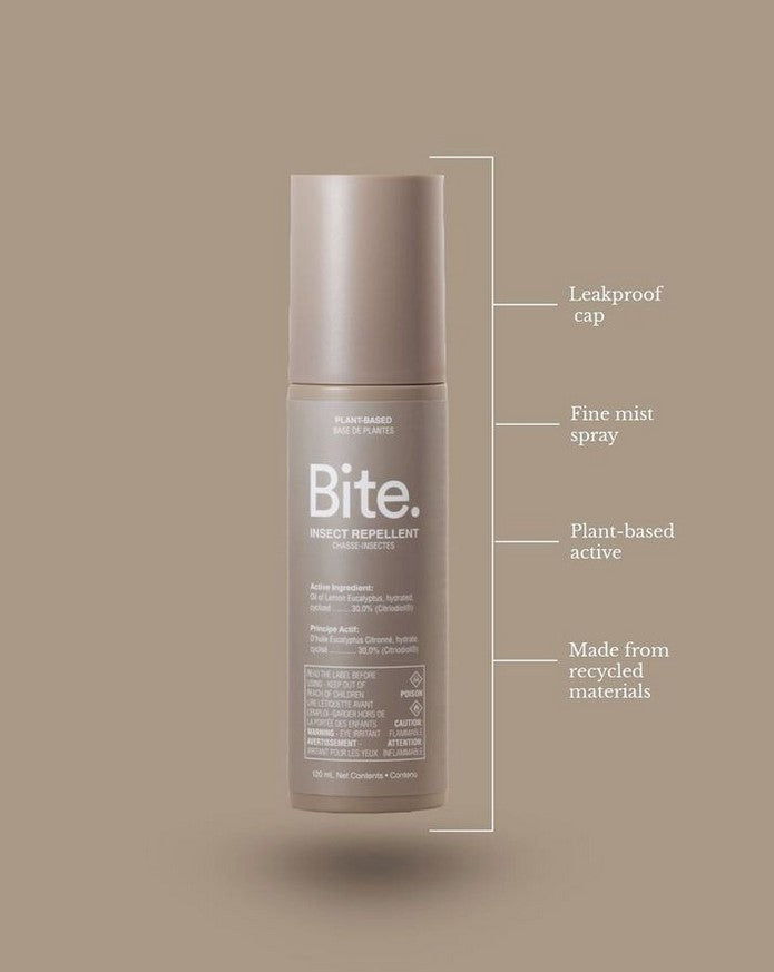 Bite insect repellent bottle plant based spray leakproof cap fine mist recycled packaging Health Canada approved tick and mosquito repellent