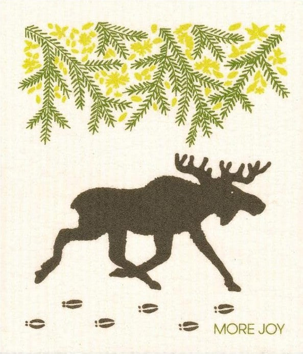 Black Moose More Joy biodegradable Swedish dishcloth featuring a black moose design, cellulose and cotton texture, ideal for