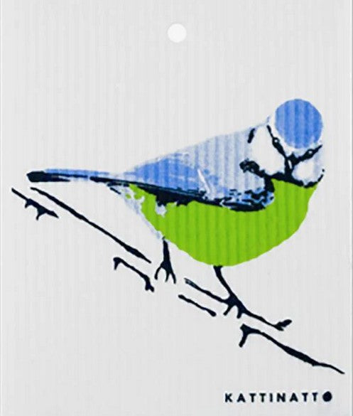 Bluetit Kattinatt Swedish dishcloth reusable eco sponge cloth cellulose cotton blue green bird design sustainable cleaning Canada