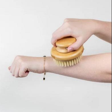 Close-up of the natural wooden handle with textured bristles showcasing the stiff, durable fibers for effective dry brushing