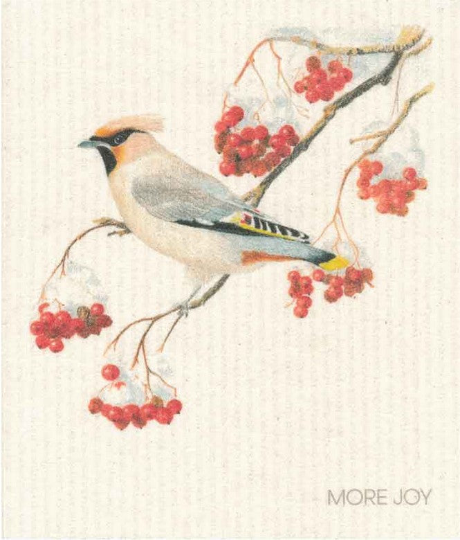 More Joy Bohemian Waxwing Swedish dishcloth with bright yellow background, bird perched near red berries, biodegradable