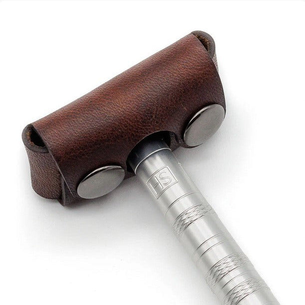 Brown Henson Razor Head Cover made from genuine leather with snap closures