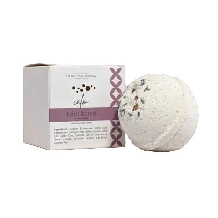 Old Soul Soap Company Calm Bath Bomb, round and unwrapped beside box on a white background