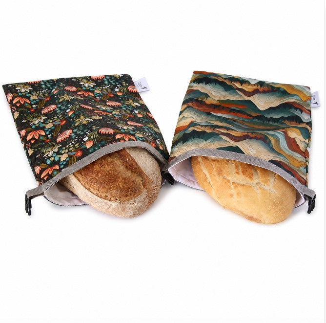 Colibri reusable bread bags in Penny Lane and Mountains patterns with artisan bread