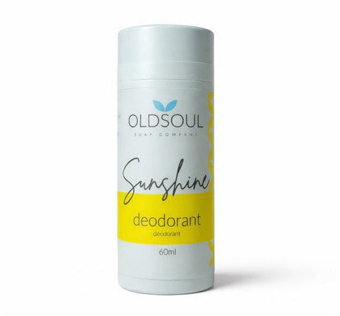 Natural deodorant stick in a cardboard tube with 'Oldsoul' branding on a white background