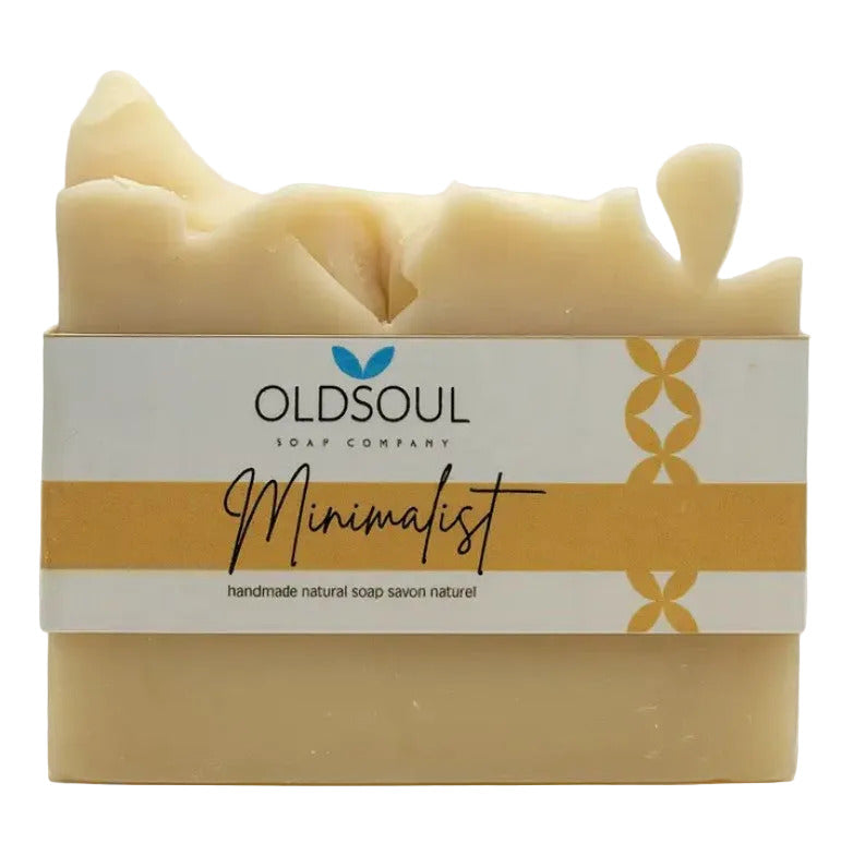 Minimalist artisan soap bar, fragrance-free, naturally unscented, creamy texture, Old Soul Soap Company branding