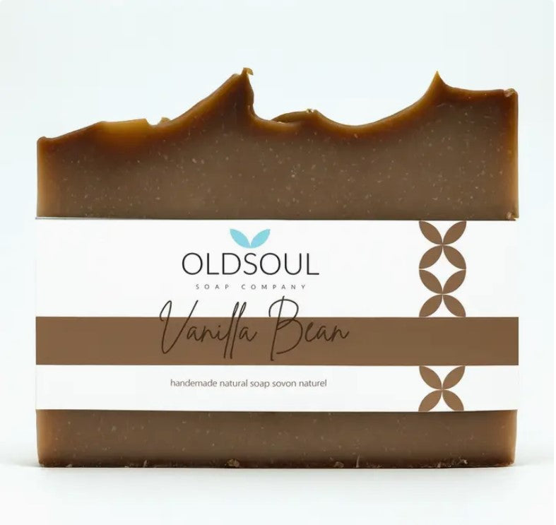 Bar of vanilla bean soap with 'Oldsoul Soap Company' branding on a white background