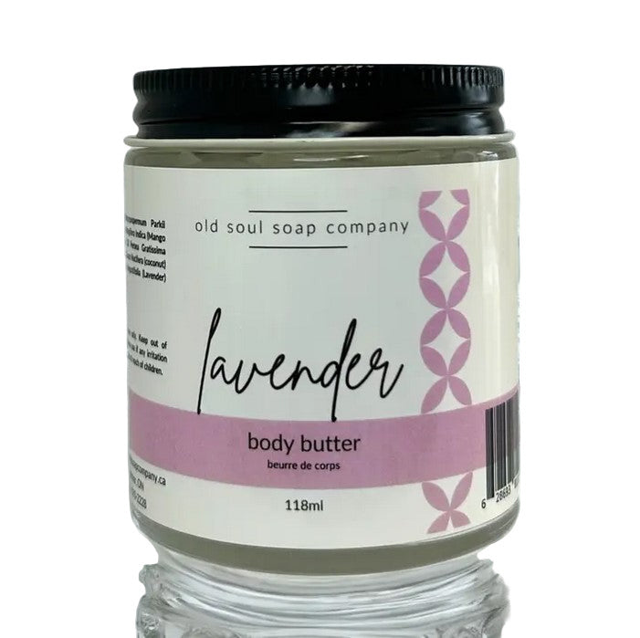 Jar of lavender body butter from Old Soul Soap Company on a white background