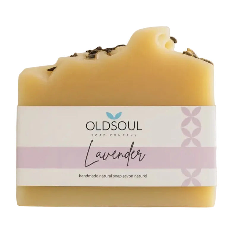Canadian made lavender artisan soap bar by Old Soul Soap Company with real lavender buds, vegan natural handmade soap with calming lavender essential oil