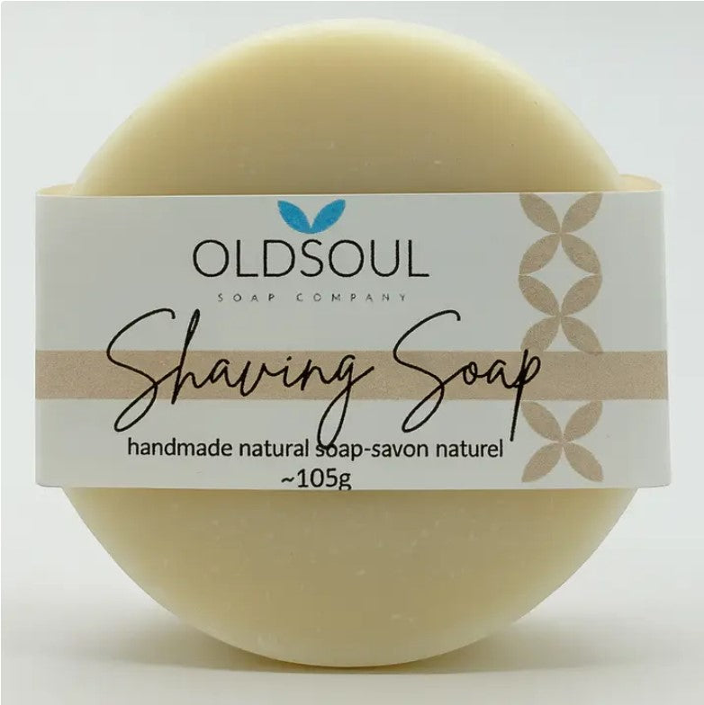 Canadian made natural shaving soap bar with eucalyptus, lavender and peppermint by Old Soul Soap Company, vegan shave soap for smooth razor glide
