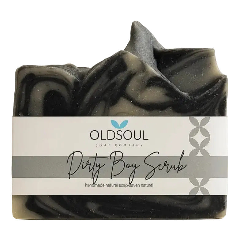 Dirty Boy Scrub artisan soap bar with textured black and white swirls, crafted by Old Soul Soap Company on a white background