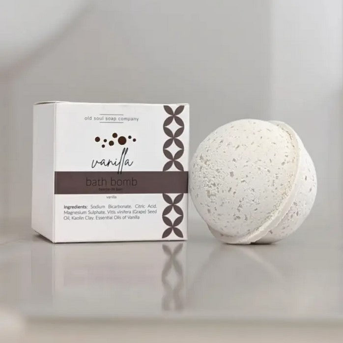 Old Soul Soap Company vanilla bath bomb, round white sphere with textured surface, 3 inches diameter, infused with vanilla