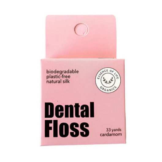 Biodegradable dental floss with cardamom scent from Essence of Life Organics, eco-friendly, zero waste personal care product