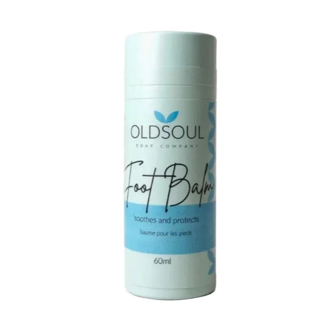Peppermint Foot Balm by The Old Soul Soap Company, a Canadian-made plastic-free balm for dry, tired feet in a 60 ml cardboard tube.