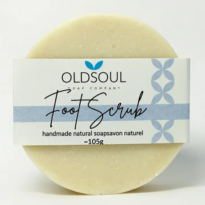 Peppermint Foot Scrub Soap by The Old Soul Soap Company, a Canadian-made vegan exfoliating soap with pumice and shea butter for softening rough, dry feet.