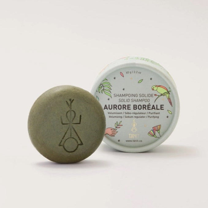 Aurore Boréale shampoo bar by Tanit Botanics for oily, delicate hair with lemon mint scent, nourishing formula, compact