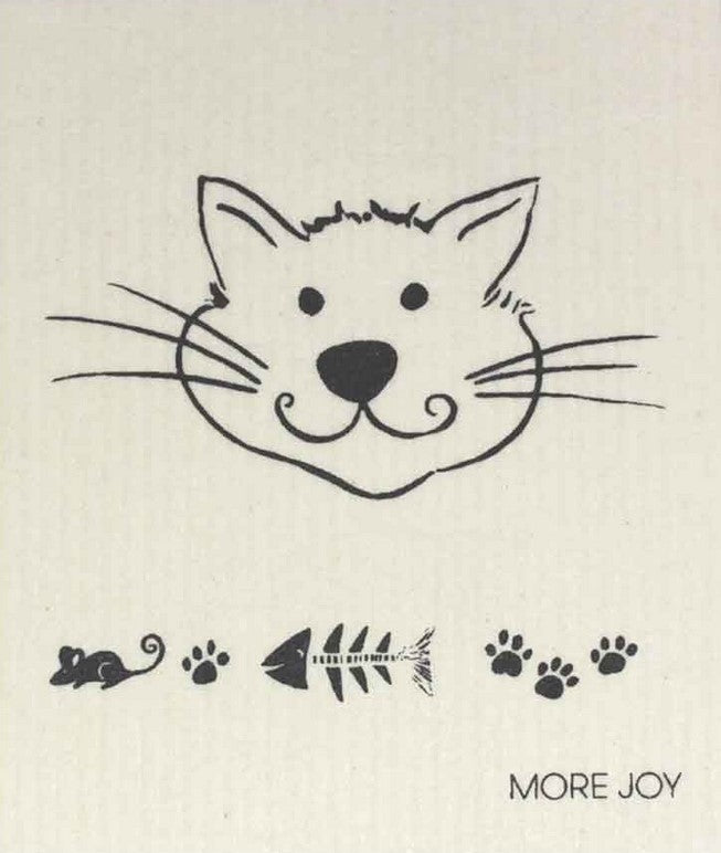 MORE JOY Cat More Joy Swedish Dishcloth featuring cheerful cat design, biodegradable cellulose and cotton material, 8x8