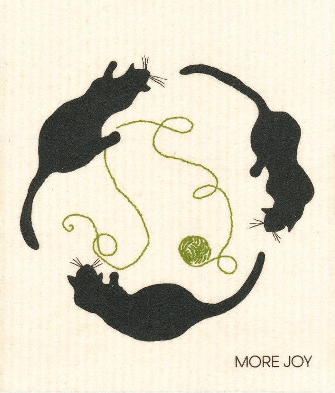 Cats playing on biodegradable Swedish dishcloth with colorful cartoon cat designs, made of cellulose and cotton, measuring