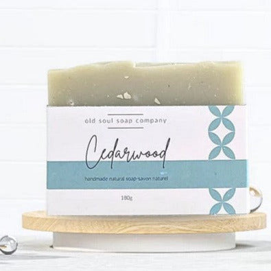 Cedarwood artisan soap bar from Old Soul Soap Company with natural earthy tones, textured surface, 3x2 inches, vegan and