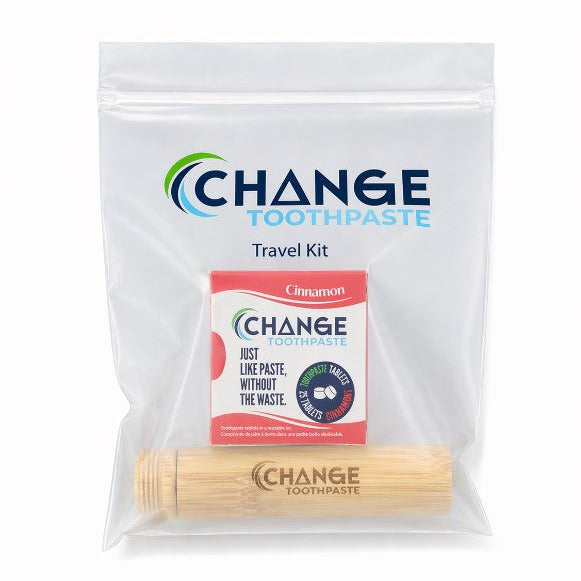 Change Toothpaste Travel Kit cinnamon bamboo toothbrush tablets compostable pouch plastic free oral care Canada