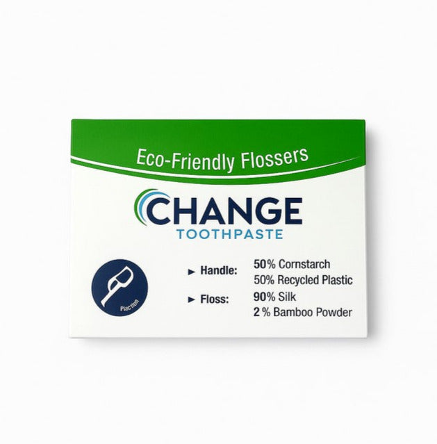 Change Toothpaste Eco Flossers in clear biodegradable plastic box with green and white branding, textured plant-based floss