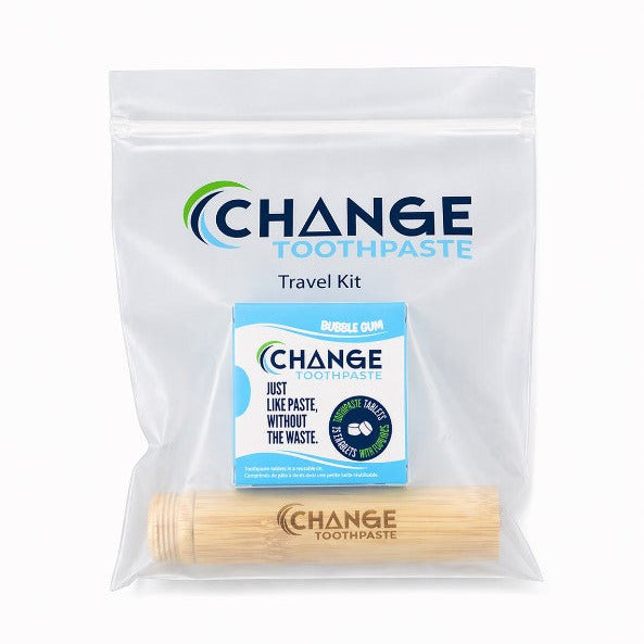 Change Toothpaste Travel Kit bubble gum bamboo toothbrush tablets compostable pouch plastic free oral care Canada