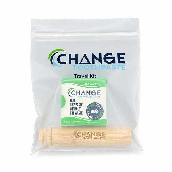 Change Toothpaste Travel Kit spearmint bamboo toothbrush tablets compostable pouch plastic free oral care Canada