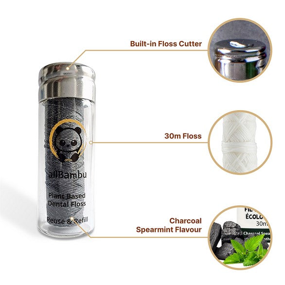 Close-up of biodegradable bamboo dental floss spool showing textured natural fibers and eco-friendly label detail