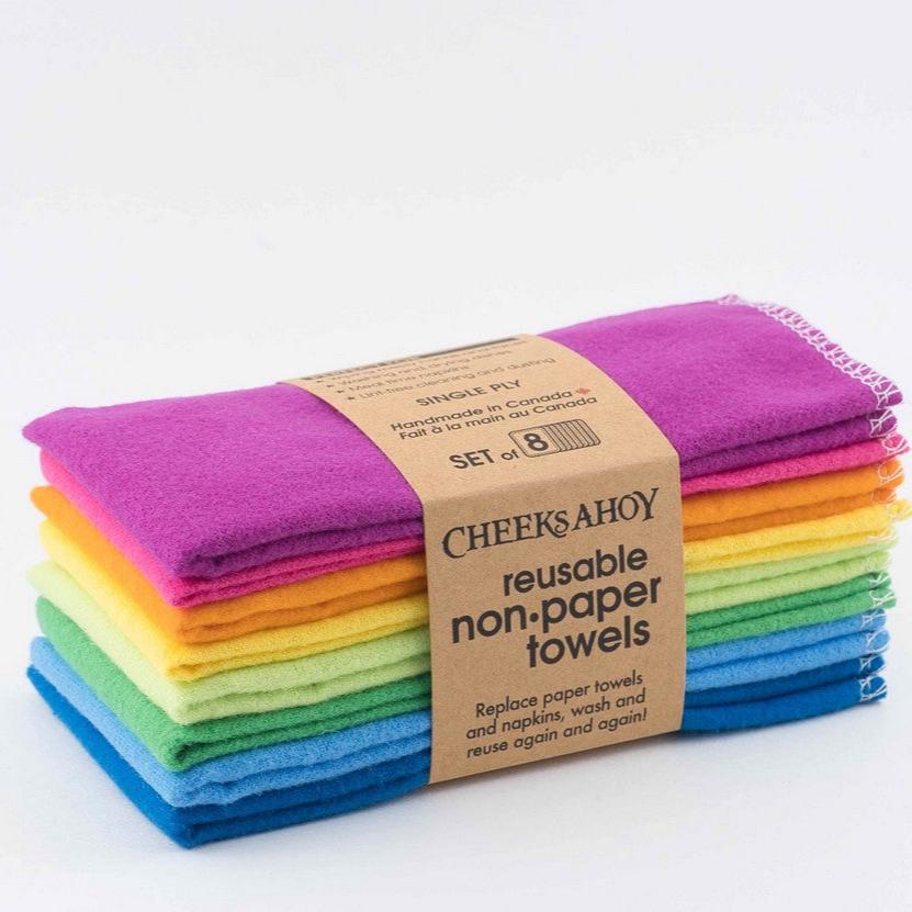 Cheeks Ahoy Rainbow Swedish dishcloths set of 8, single ply unpaper towels with colorful striped patterns, made in Canada