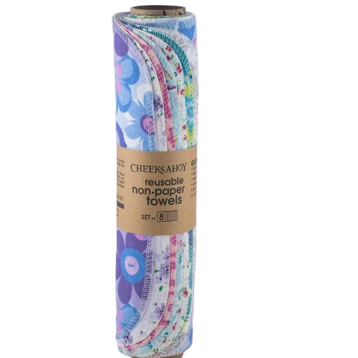 Simply Natural Canada – Cheeks Ahoy Floral  Reusable Single Ply Non-Paper Towels Set of 8 Pre-Rolled – Handmade Ontario Cotton Flannel Low-Waste Paper Towel Alternative
