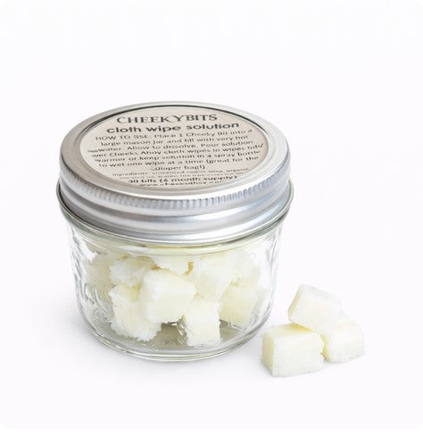 Simply Natural Canada – Cheeky Bits Cloth Wipe Solution Cubes by Cheeks Ahoy in glass jar – reusable zero waste baby wipe solution alternative