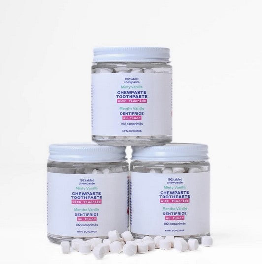 Etee fluoride Chewpaste toothpaste tablets in clear plastic container with white foil lid, Canadian-made eco dental care