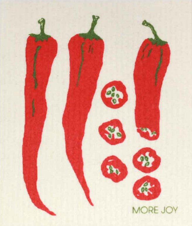 MORE JOY Swedish Dishcloth in red chili pepper print, biodegradable cellulose and cotton fabric, 6x8 inches, textured