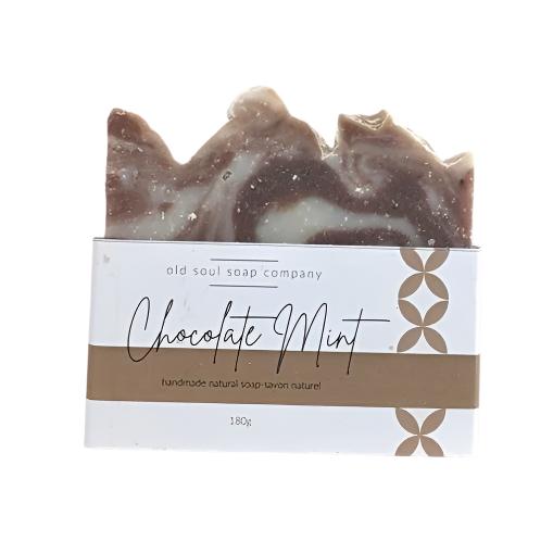 Old Soul Soap Company vegan chocolate mint soap bar with textured dark brown and green swirls, 3x2x0.5 inches, artisanal