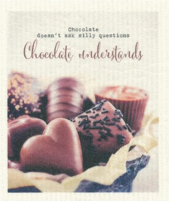 MORE JOY Chocolate Understands More Joy Swedish Dishcloth with brown chocolate pattern, textured cellulose and cotton blend