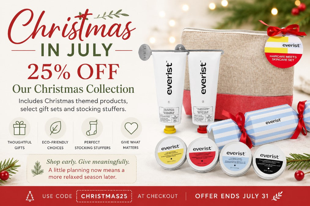 Christmas in July sale banner featuring Everist eco-friendly holiday gift sets with 25% off the Christmas Collection until July 31 using code CHRISTMAS25.