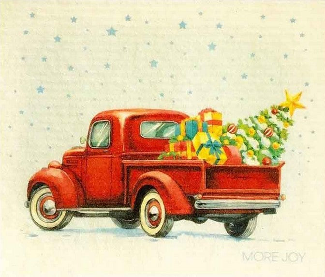 Christmas Truck More Joy Swedish dishcloth with festive red and green classic truck design, biodegradable cellulose and