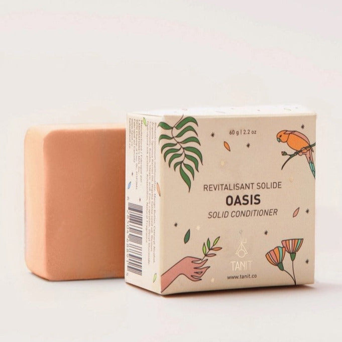 Tanit Botanics Oasis Conditioner Bar for normal hair, compostable solid formula with nourishing ingredients, fresh scent