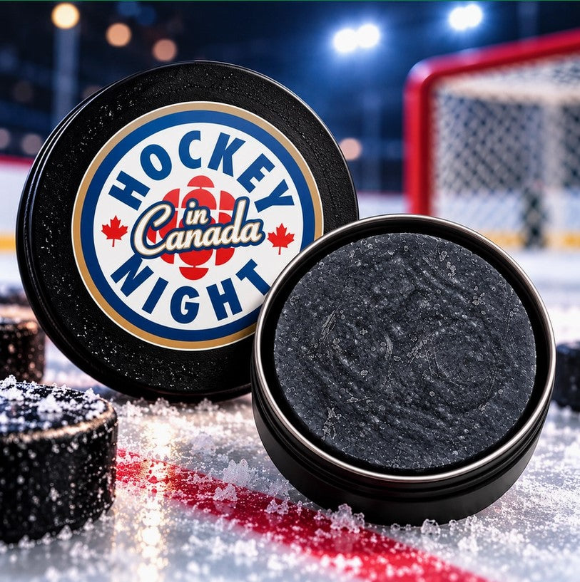 Hockey Night in Canada Classic Puck Soap in collectible gift tin, featuring officially licensed Canadian hockey design, made in Ontario.